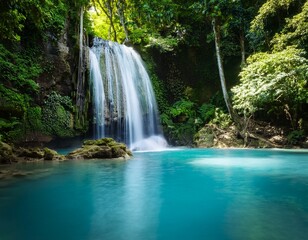 Obraz premium serene waterfall cascading into a vibrant turquoise pool surrounded by lush tropical rainforest