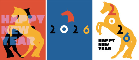 set Geometric 2026 typography posters with horses. Colorful abstract New Year concept for greetings, posters, or digital celebrations.