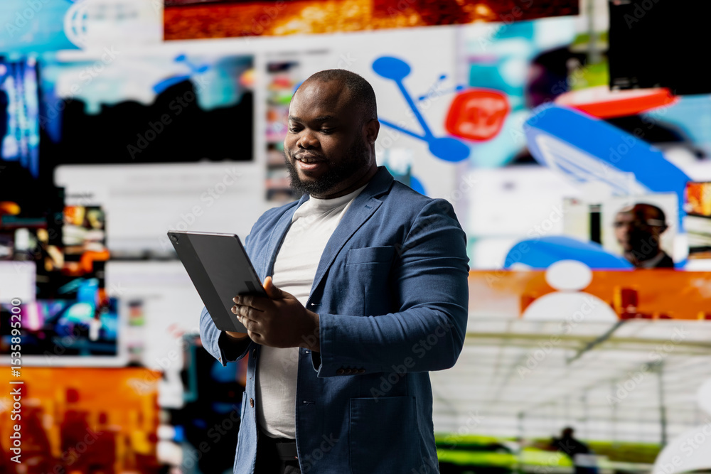 Aufkleber african american professional engaging with media dashboards screens, emphasizes networking with ai 