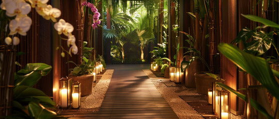 Zen garden walkway with candles and orchids
