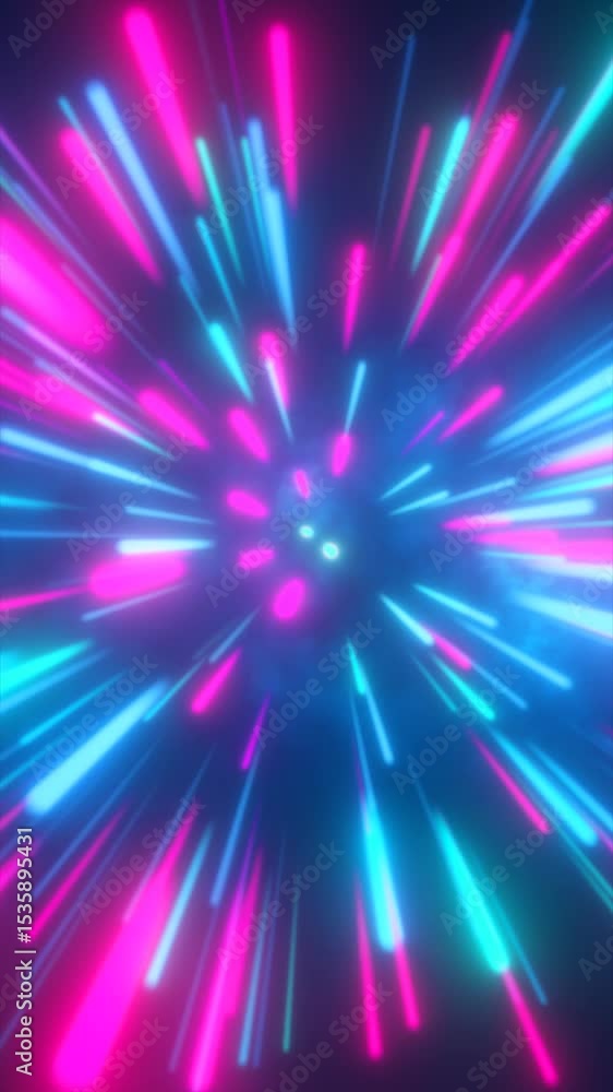 Poster exploding neon trails in pink and cyan burst outward from a central glowing core