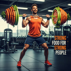 A man at the gym performs a squat using a barbell with vegetable weights, symbolizing healthy lifestyle, fitness, and proper nutrition, blending creativity with fitness concept
