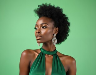 Elegant black woman portrait. Afro hairstyle, stylish earrings, green satin dress. Beauty and fashion photo. Makeup, skincare, cosmetics, studio shot on trendy green background.