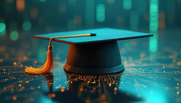 Futuristic graduation cap on digital circuit background. Modern tech concept of education achievement degree. Celebratory academic illustration, representing success in information tech, engineering.