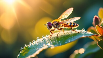 a vibrant hoverfly rests gracefully on a dew kissed leaf its intricate wings catching the sunlight a serene morning scene unfolds in natures embrace