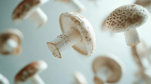 Mushrooms float against a muted, light background