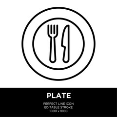 The line icon vector illustrates plate, knife and fork. The line icon is isolated on a transparent background and can be edited as needed