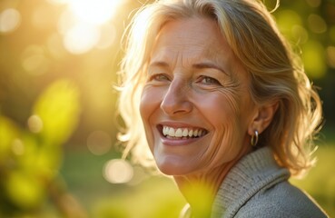 Happy senior woman enjoys sunny day outdoors. Smiling mature lady in nature, smiling in sunlight. Joyful retired female, positive emotions, active lifestyle, wellness, relaxation, healthy aging.