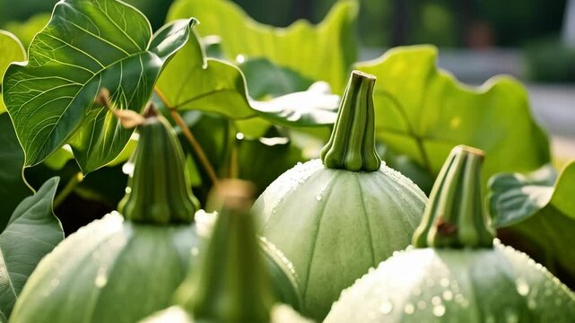 Green patty pan squash vegetable patch featuring foliage and dew drops glistening under sunlight