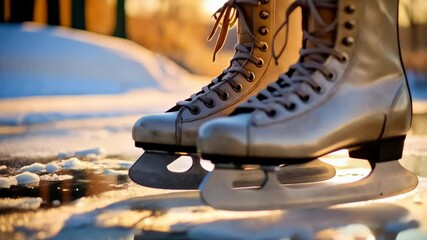 Golden ice skates standing on frozen ice in winter sunlight, reflecting on glossy surface, blurred trees in background, scenic outdoor activity. - Powered by Adobe