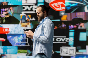 Social media manager enjoying digital connection between users, highlighting real time engagement,...