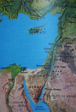 Biblical map showing the ancient Near East, including Egypt, Sinai, Israel, and Cyprus. Features historic cities like Jerusalem, Damascus, and Alexandria with geographic details.