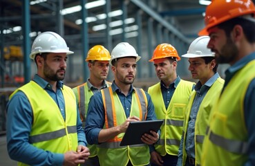 Group of engineers, technicians in factory warehouse. Team of industrial workers wearing safety helmets analyze data on tablet. Teamwork concept, process control, manufacturing, industry,