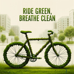 Eco-Friendly Bicycle Made of Green Foliage, with the slogan 'RIDE GREEN, BREATHE CLEAN'