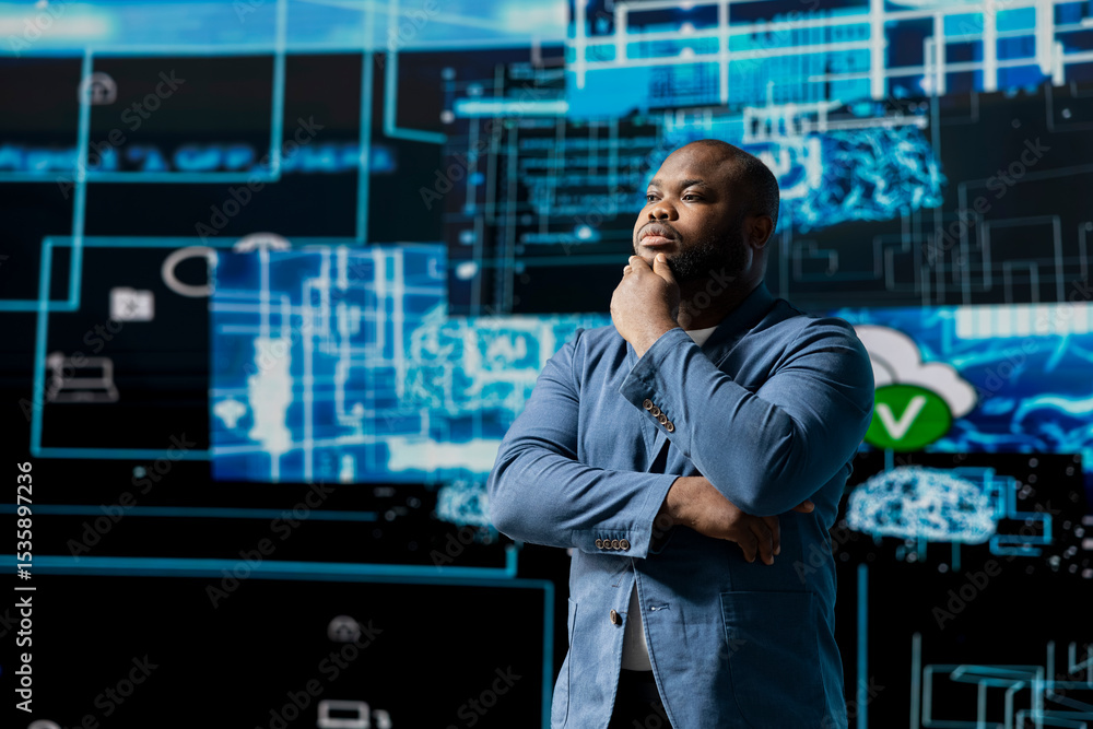 Poster african american businessman studying digital ai brain interface, symbolizing neural networks, data 