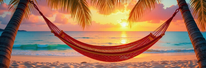 A serene beach scene with a hammock suspended between two palm trees during a vibrant sunset.