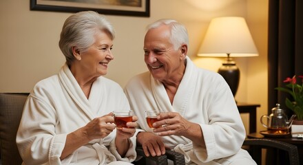 Smiling elderly couple enjoying tea time indoors