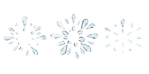 Shards of shattered glass. Pieces of broken glass isolated. Transparent background PNG. Pen tool cutout. Various patterns of broken glass bursts and explosions.
