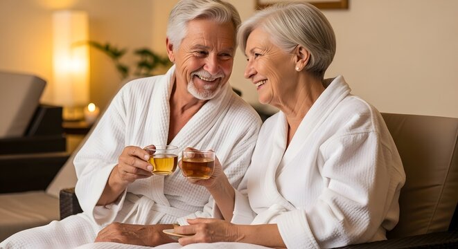 Happy senior couple enjoying tea at spa