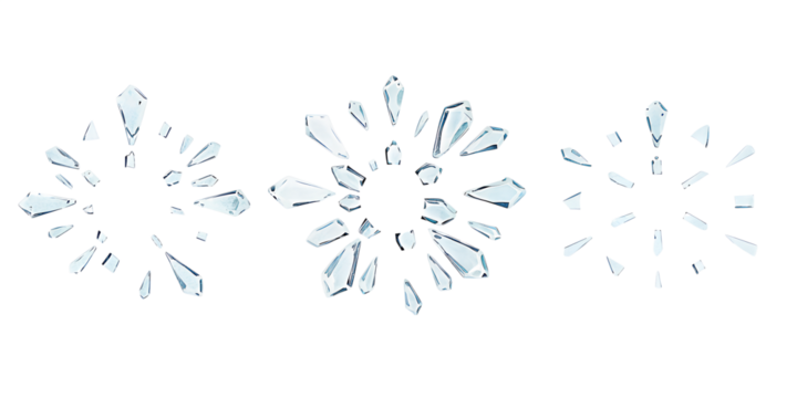 Shards of shattered glass. Pieces of broken glass isolated. Transparent background PNG. Pen tool cutout. Various patterns of broken glass bursts and explosions.