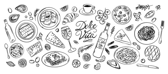 Hand-drawn Italian food vector set - Dolce Vita. Pasta, pizza, wine, cheese, seafood and desserts. Mediterranean cuisine illustrations perfect for menus, cookbooks, packaging, branding.