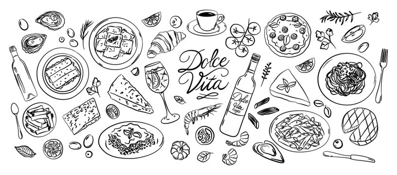 Hand-drawn Italian food vector set - Dolce Vita. Pasta, pizza, wine, cheese, seafood and desserts. Mediterranean cuisine illustrations perfect for menus, cookbooks, packaging, branding.