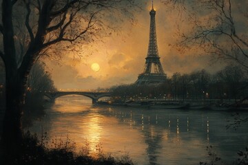 Obraz premium Eiffel tower at dusk reflecting on the Seine river in Paris, France, viewed through trees and foliage