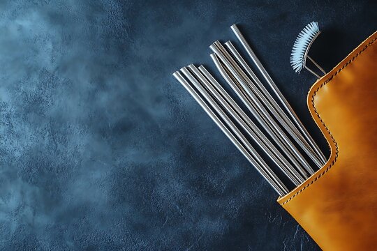 Reusable Stainless Steel Straws with Cleaning Brush in a Leather Case