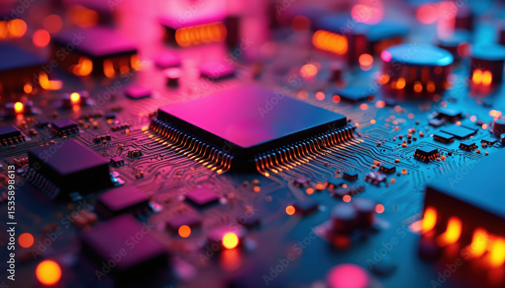 Poster circuit board with colorful lights. microchip, processor, integrated circuitry, electronic component