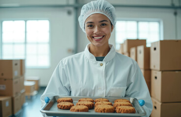 Smiling female food factory worker holding tray fresh cookies. Woman in uniform at production, plant, workshop. Cookie manufacture production line. Portrait of a happy woman working, food industry.