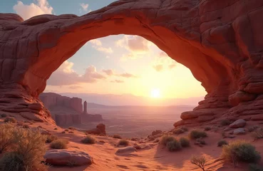 Stunning majestic sunset view of rock arch in desert. Scenic nature landscape with mountains, sandy terrain, wild plants, clear sky. Popular destination, travel vacation, holiday journey.