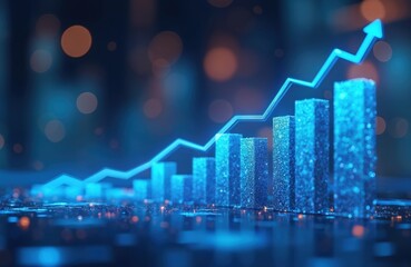 Finance graph, investment bar, showcasing market growth success. Blue technology currency reports chart, ai computer, global economy, business stock. Upward trend, financial progress.