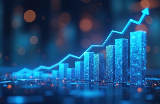 Finance graph, investment bar, showcasing market growth success. Blue technology currency reports chart, ai computer, global economy, business stock. Upward trend, financial progress.