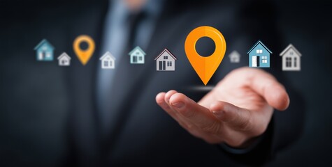 A business professional presents a location pin icon above his hand, surrounded by icons of vibrant houses, symbolizing real estate and location-based services in a corporate environment