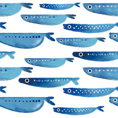 Seamless pattern of blue fish cute sea animals painting for poster or nursery wall art, baby art Hand drawn on a transparent background.