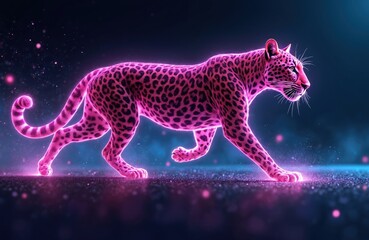 Fototapeta premium Neon leopard illustration on black background. Bright pink colors, artistic digital art, fantasy animal, leopard print. Unique design, great for cards, posters, holiday decorations. Modern art,