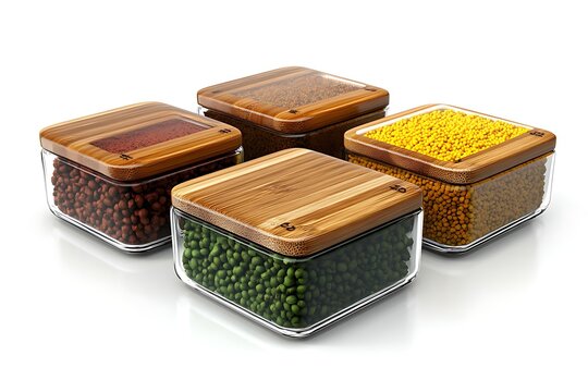 Set of four transparent square storage containers with wooden lids, filled with various dry goods like beans and grains
