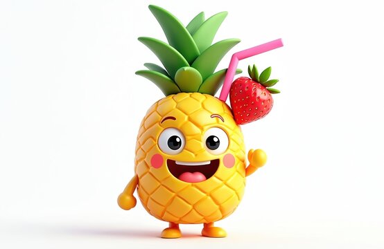 Cheerful pineapple character with smiling face holding cocktail of juice decorated by strawberry and straw. Summertime theme, perfect for kid illustrations, vacation, party, fun. Fresh, sweet drink.