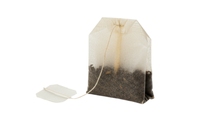 Single Tea Bag with String and Tag Loose Leaf Tea Visible.