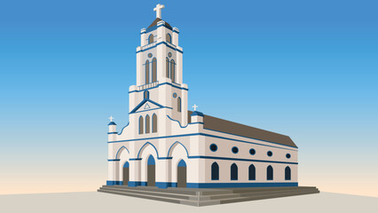 Fototapeta premium Vector Illustration of a Classic Church with a Tall Steeple and Blue Sky in São gabriel da Cachoeira - Amazonas - Brazil 