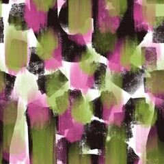 Seamless abstract textured pattern. Pink, green, black stains on white. Digital brush strokes. Design for textile fabrics, wrapping paper, background, wallpaper, cover. Illustration.