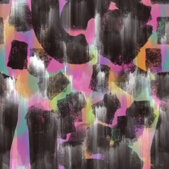 Seamless abstract textured pattern. Pink, green, orange, black, white stains. Digital brush strokes. Design for textile fabrics, wrapping paper, background, wallpaper, cover. Illustration.