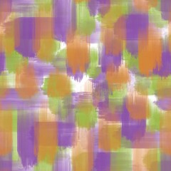 Seamless abstract textured pattern. Purple, green, orange stains on white. Digital brush strokes. Design for textile fabrics, wrapping paper, background, wallpaper, cover. Illustration.