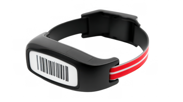 Wristband barcode scanner featuring red and white stripes on a transparent background, enhancing inventory management and logistics with its modern, portable design for efficient tracking