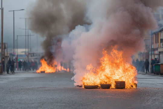 chaotic scene of crowd setting fire to garbage bins in ballymena flames rising high expressions of excitement and
