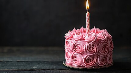 Birthday Cake : Cake with pink frosting and a birthday candle lit on top. AI-generated.