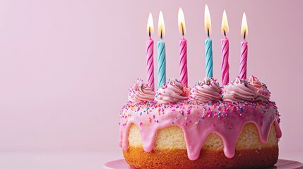 Birthday Cake : Birthday cake with candles and pink frosting. AI-generated.