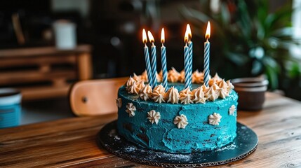 Birthday Cake : Deliciously decorated cake with candles on a rustic wooden table. AI-generated.