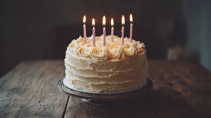 Birthday Cake : Birthday cake with candles on a wooden table. AI-generated.