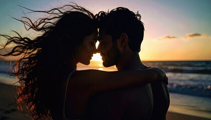 Silhouette of a Couple Embracing at Sunset on a Beach
